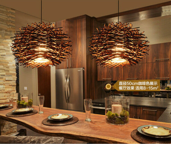 Bird Nest Pendant Lamp Light Wicker Wood Wave Handmade Rattan Weaving Chandelier - Image 3