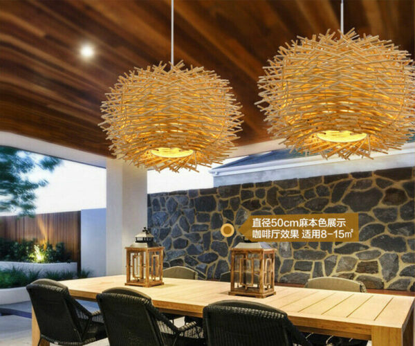 Bird Nest Pendant Lamp Light Wicker Wood Wave Handmade Rattan Weaving Chandelier - Image 6