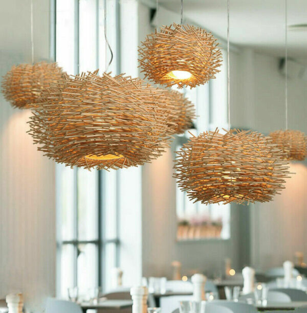 Bird Nest Pendant Lamp Light Wicker Wood Wave Handmade Rattan Weaving Chandelier