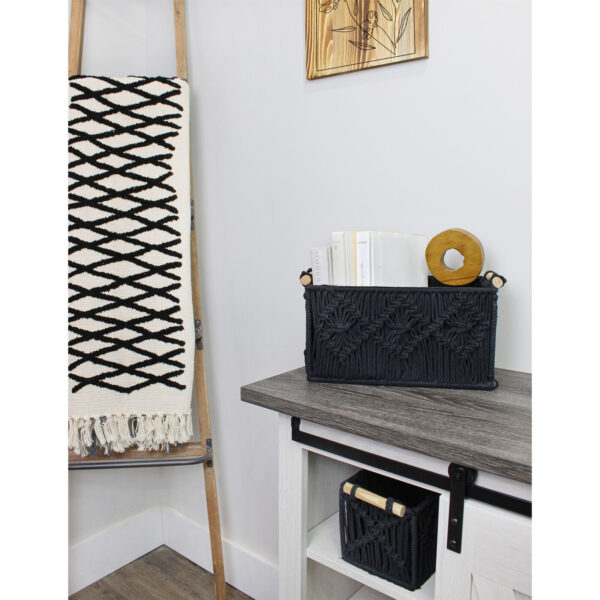 Black Boho Macrame Baskets 2pc Set, Decorative Storage Bins for Bathroom/Home - Image 3