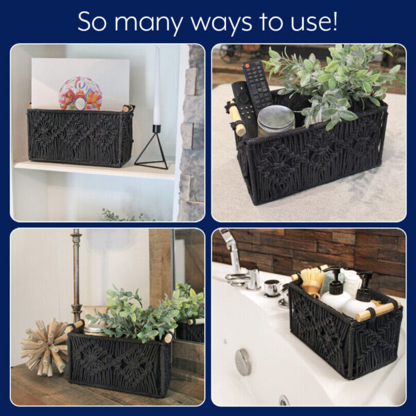 Black Boho Macrame Baskets 2pc Set, Decorative Storage Bins for Bathroom/Home - Image 4