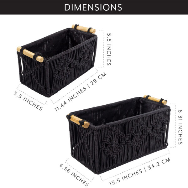 Black Boho Macrame Baskets 2pc Set, Decorative Storage Bins for Bathroom/Home - Image 6