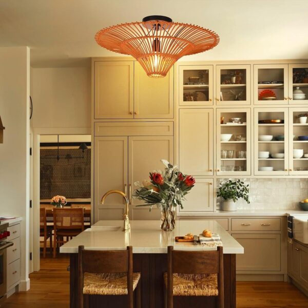 Bohemian Water Lily Ceiling Light Handwoven Rattan Lampshade Wicker Chandelier - Image 3