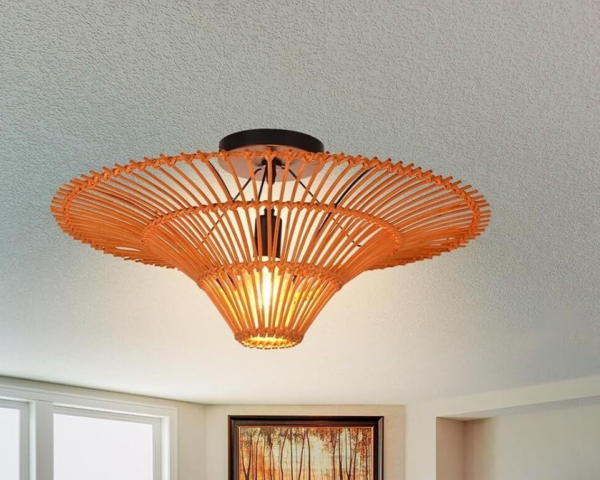 Bohemian Water Lily Ceiling Light Handwoven Rattan Lampshade Wicker Chandelier