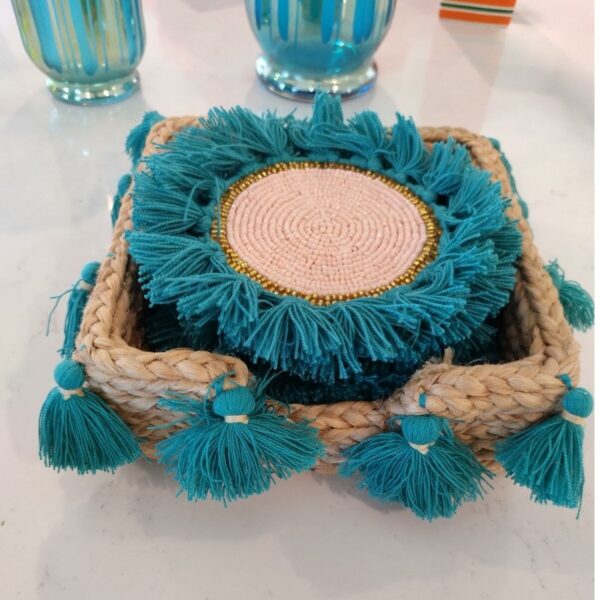 Boho Basket Turquoise tassels holding 6 Beaded n Tasseled coasters NWT - Image 2