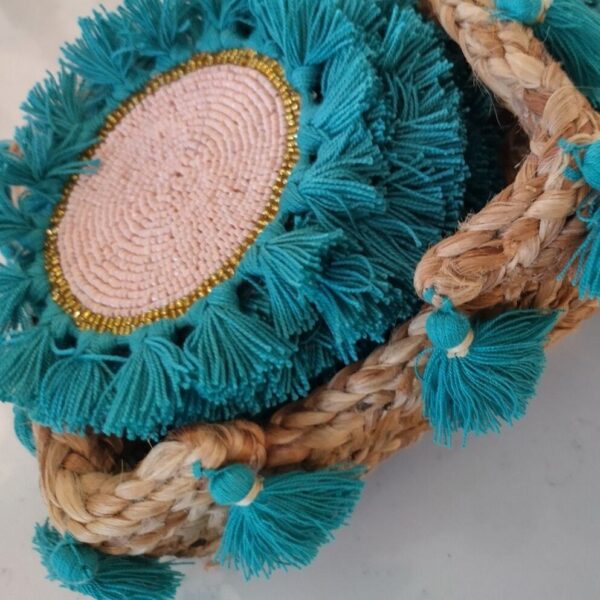 Boho Basket Turquoise tassels holding 6 Beaded n Tasseled coasters NWT - Image 3