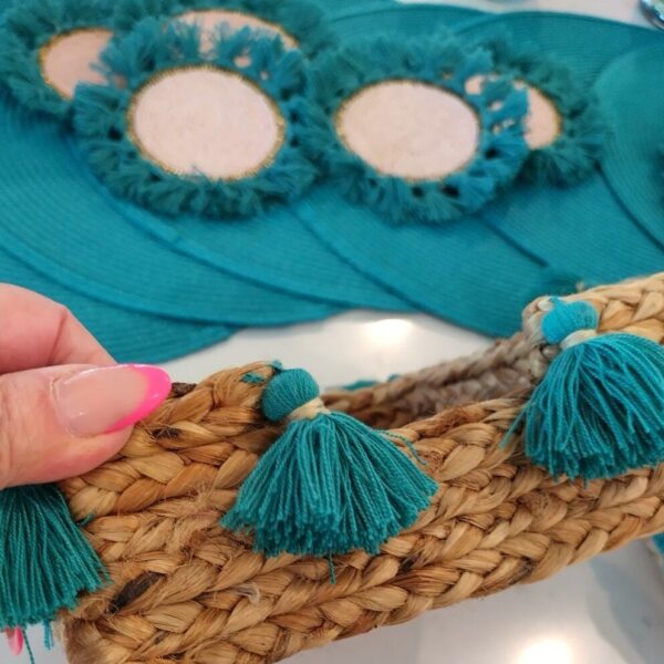 Boho Basket Turquoise tassels holding 6 Beaded n Tasseled coasters NWT - Image 4