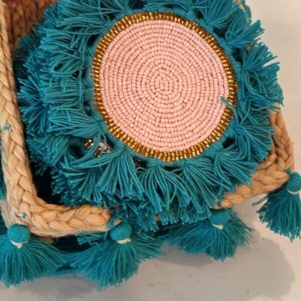 Boho Basket Turquoise tassels holding 6 Beaded n Tasseled coasters NWT - Image 5