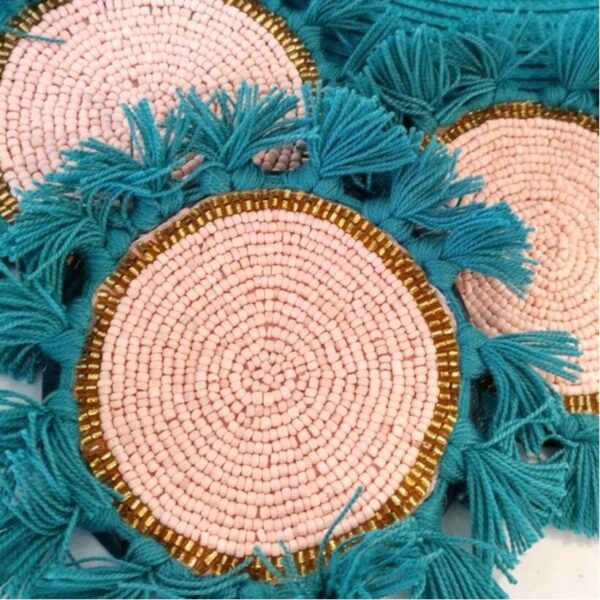 Boho Basket Turquoise tassels holding 6 Beaded n Tasseled coasters NWT