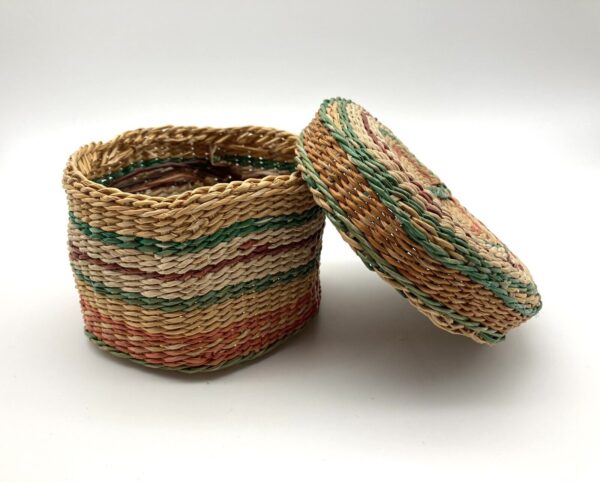 Boho Chic Tight Woven 4.5” Hexagonal Sea Grass Basket with Lid Rainbow Striped - Image 6