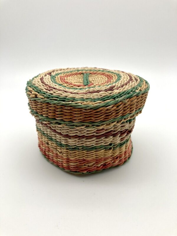 Boho Chic Tight Woven 4.5” Hexagonal Sea Grass Basket with Lid Rainbow Striped