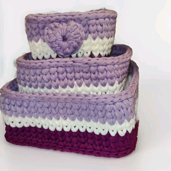 Boho Crochet Baskets 3 Nesting Purple White Lavender Hand Made Storage Decor - Image 2