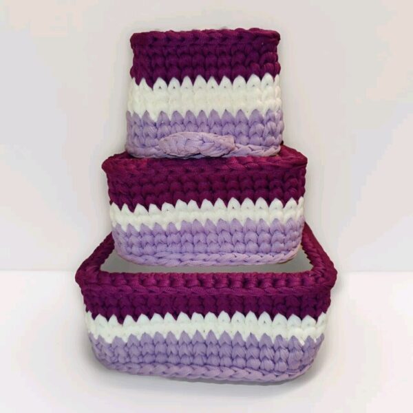 Boho Crochet Baskets 3 Nesting Purple White Lavender Hand Made Storage Decor - Image 3