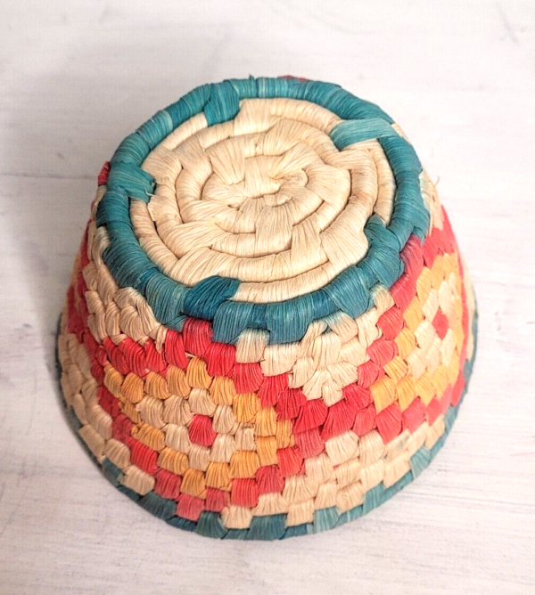 Boho Hand Woven Straw Cane Wrapped Coiled Flat Bottom Basket 5" small vintage - Image 2