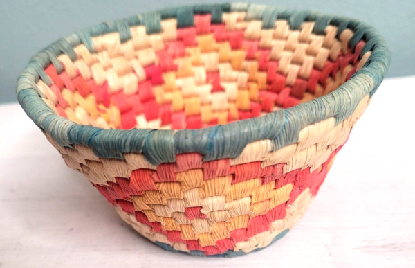 Boho Hand Woven Straw Cane Wrapped Coiled Flat Bottom Basket 5" small vintage - Image 5