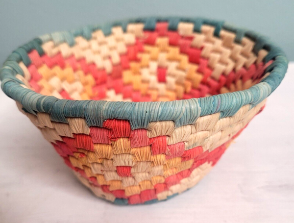 Boho Hand Woven Straw Cane Wrapped Coiled Flat Bottom Basket 5" small vintage - Image 6