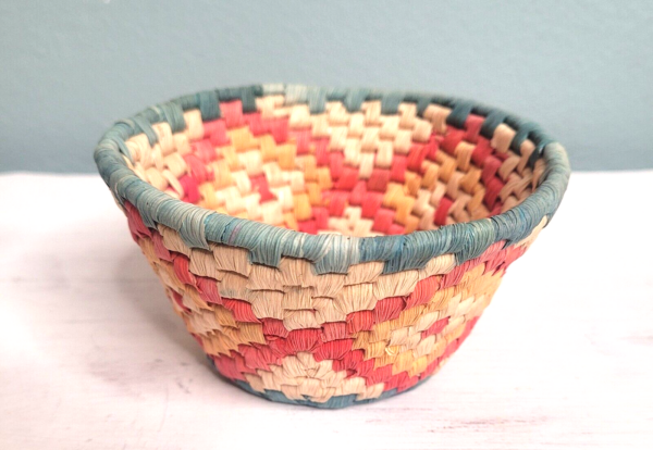 Boho Hand Woven Straw Cane Wrapped Coiled Flat Bottom Basket 5" small vintage