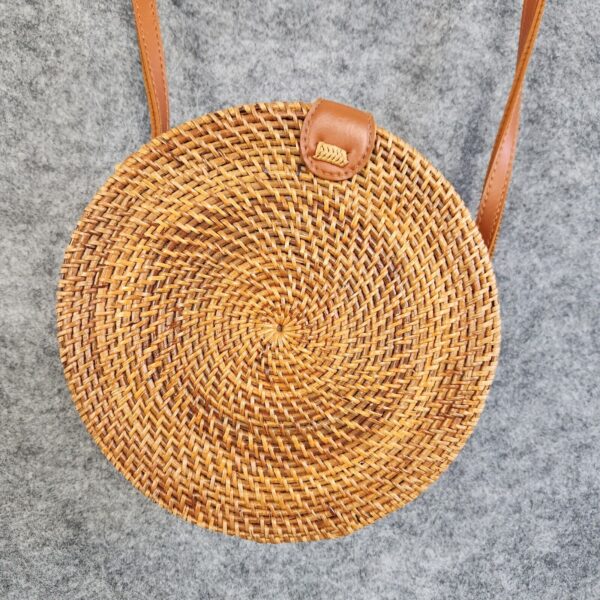 Boho Handbag Round Woven Wicker Cane Basket Lined Crossbody Medium Festival - Image 2