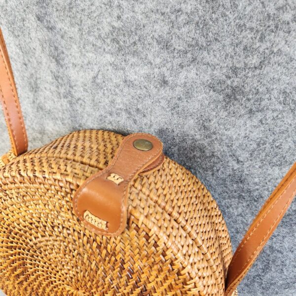 Boho Handbag Round Woven Wicker Cane Basket Lined Crossbody Medium Festival - Image 3