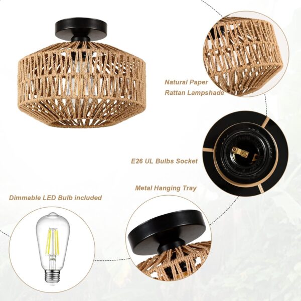 Boho Light Fixtures Ceiling Mount,Mini Rattan Chandelier Light Fixture with D... - Image 6