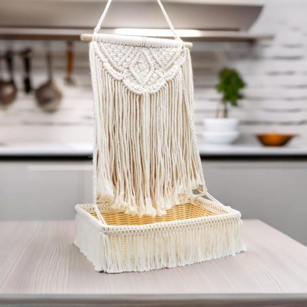 Boho Macrame Handmade Hanging Basket with Tassels: Wall Organizer for Bohemian D - Image 2