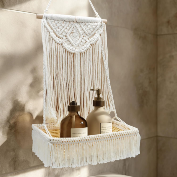 Boho Macrame Handmade Hanging Basket with Tassels: Wall Organizer for Bohemian D - Image 5