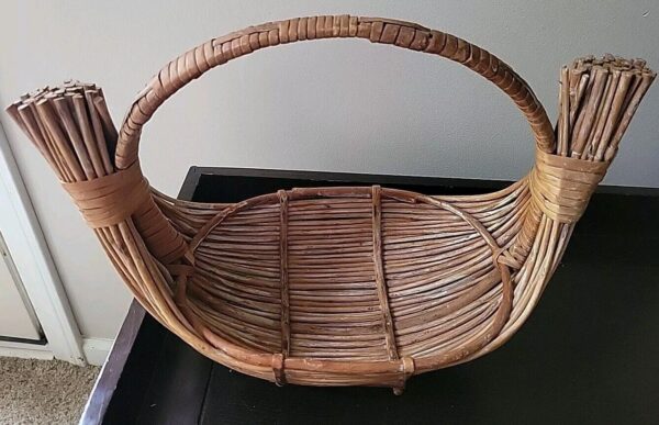 Boho Mid Century Woven Twig Wood Basket Boat Madeia Signed Rustic MCM Vtg READ - Image 2