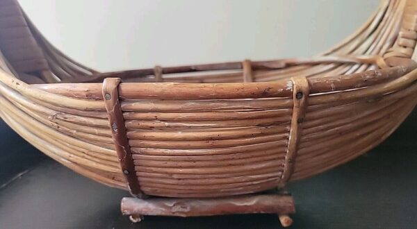 Boho Mid Century Woven Twig Wood Basket Boat Madeia Signed Rustic MCM Vtg READ - Image 4