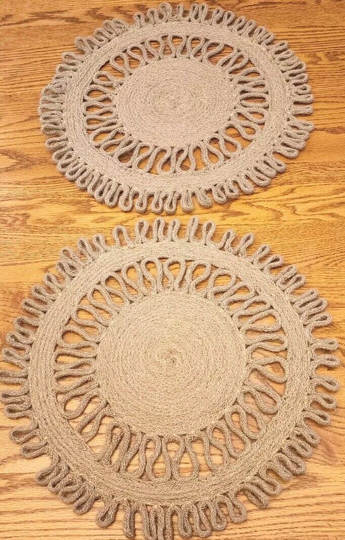 Boho Natural Fiber Placemats 2pc Tan 17" Cottage Core Hippie Decor MOD retro - Image 2