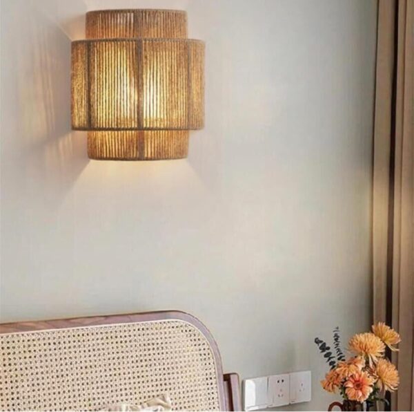 Boho Rattan Wall Light,Plug-in Wall Sconce with Hand Woven Hemp Rope Shade - Image 2