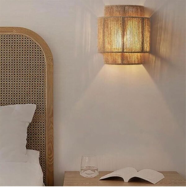 Boho Rattan Wall Light,Plug-in Wall Sconce with Hand Woven Hemp Rope Shade - Image 3