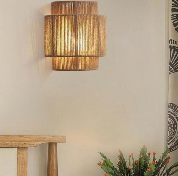 Boho Rattan Wall Light,Plug-in Wall Sconce with Hand Woven Hemp Rope Shade - Image 5