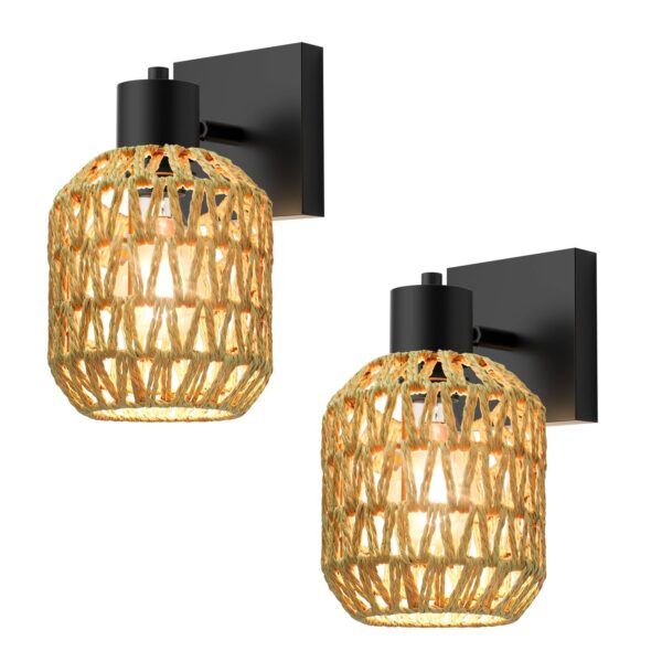 Boho Rattan Wall Sconces Set of Two, Hardwired Farmhouse Wall Lamps with 330°...