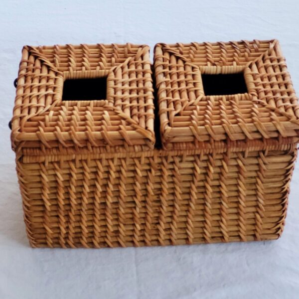 Boho Rectangular Wicker Storage Basket With Double Bins And Lids. 11"x6.25"x6".