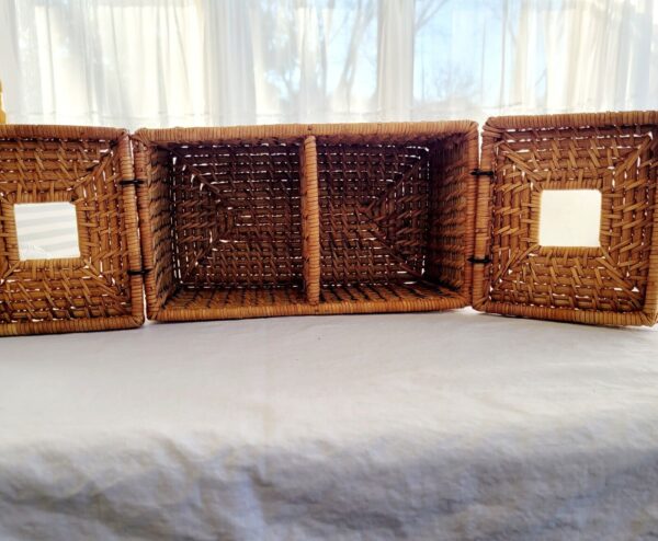 Boho Rectangular Wicker Storage Basket With Double Bins And Lids. 11"x6.25"x6". - Image 2