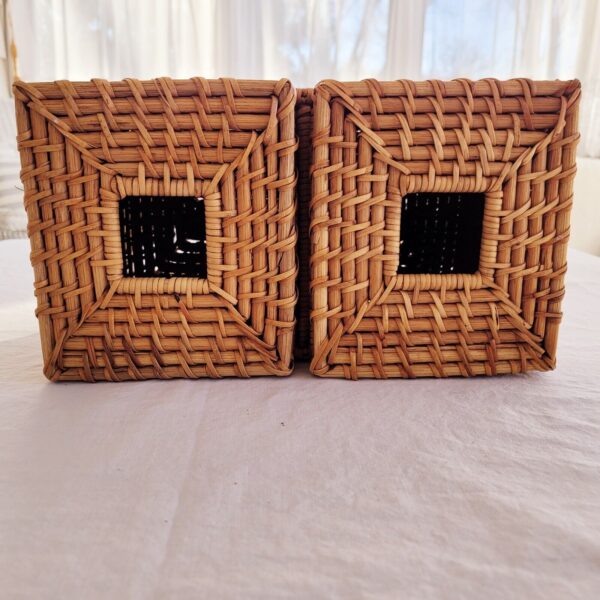 Boho Rectangular Wicker Storage Basket With Double Bins And Lids. 11"x6.25"x6". - Image 4