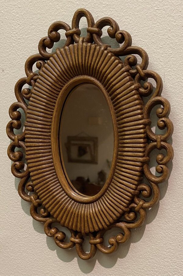 BOHO Vintage 1970's Retro Faux Rattan Wicker Oval Accent Mirror Basket Wall 9x7"