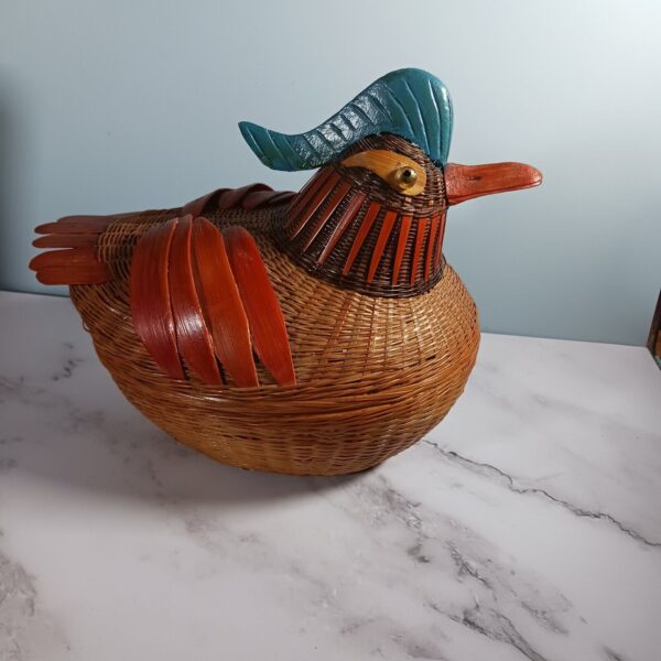 Boho Vtg Woven Rattan Mandarin Duck Basket w Lid Chinese Shanghai Handicrafts