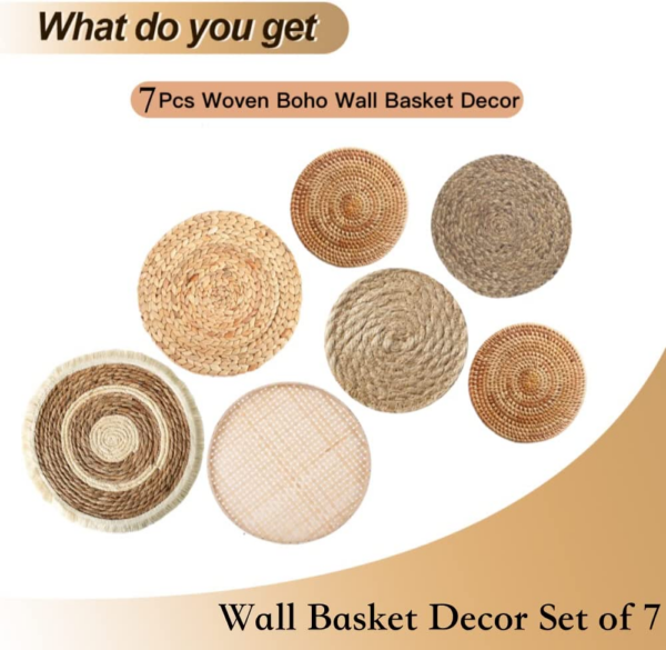 Boho Wall Basket Decor Set of 7, Woven Seagrass Wicker Rattan Flat Baskets Wall - Image 3