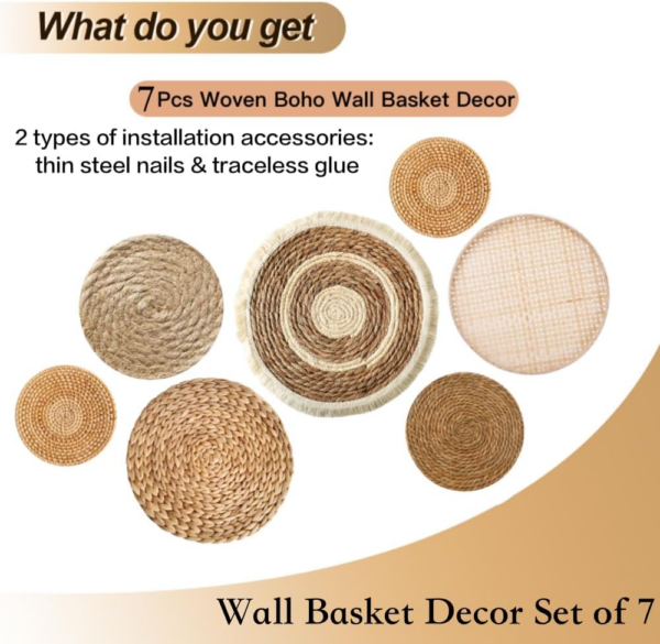 Boho Wall Basket Decor Set of 7, Woven Seagrass Wicker Rattan Flat Baskets Wall - Image 5