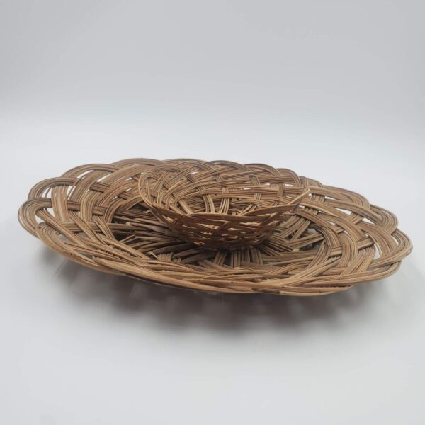 Boho Woven Rattan Basket Tray 12" and Bowl 5.5" Decor Round Vintage Lot of 2