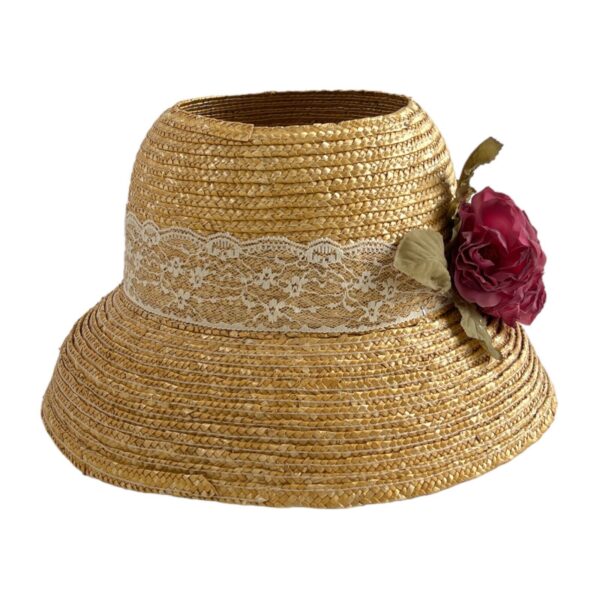 Boho Woven Rattan Table Lampshade Hat Shaped With Lace Accent & Magenta Roses - Image 2