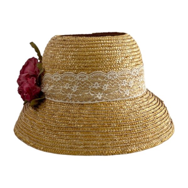 Boho Woven Rattan Table Lampshade Hat Shaped With Lace Accent & Magenta Roses - Image 3