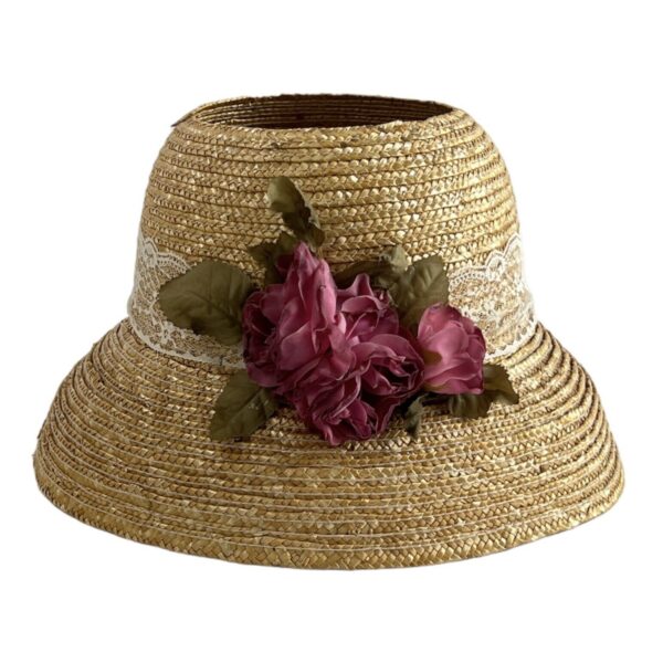 Boho Woven Rattan Table Lampshade Hat Shaped With Lace Accent & Magenta Roses