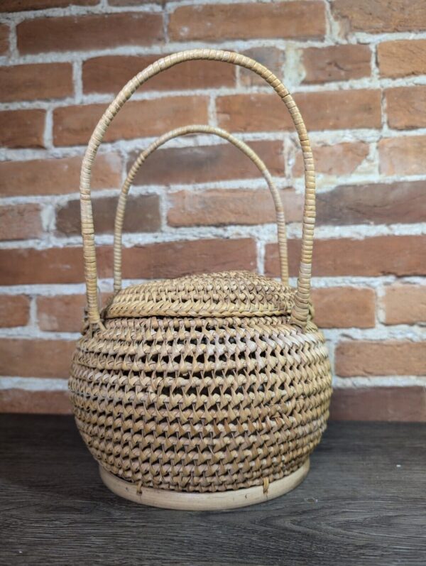 BOHO WOVEN ROUND COIL BASKET PURSE BALL SHAPE PVC & WICKER - Image 2