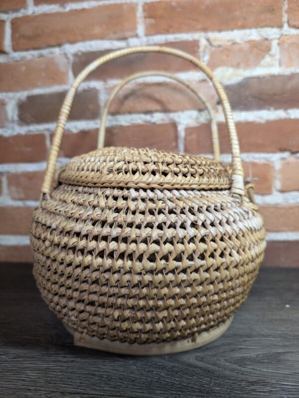 BOHO WOVEN ROUND COIL BASKET PURSE BALL SHAPE PVC & WICKER - Image 4