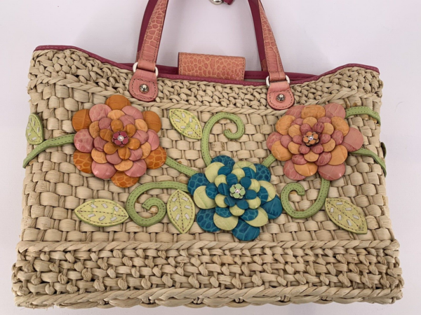 Brighton Purse Hand Bag Basket Weave Straw Double Handles Boho Plant Mom Flowers - Image 5