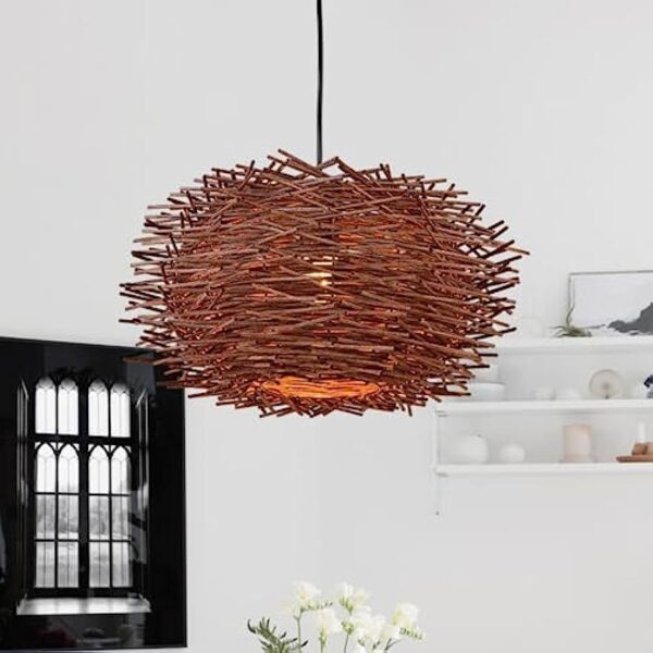 Brown Rattan Pendant Lights Kitchen Island 1 Pack Bird Nest Plug in Hanging Lamp - Image 4