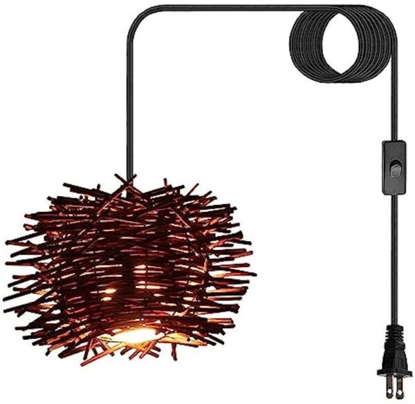 Brown Rattan Pendant Lights Kitchen Island 1 Pack Bird Nest Plug in Hanging Lamp