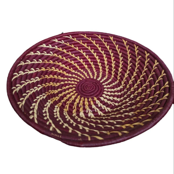 Burgundy Twist Woven Coiled Basket Bowl Raffia Uganda Straw Tray Plate Boho - Image 2